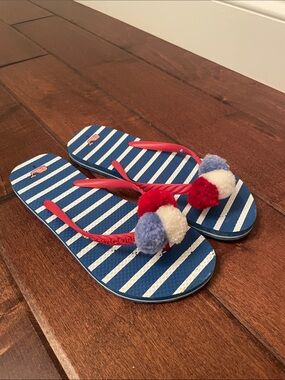 Vineyard Vines Kids Blue & White Striped Flip Flops with Red Straps and Pom-Poms